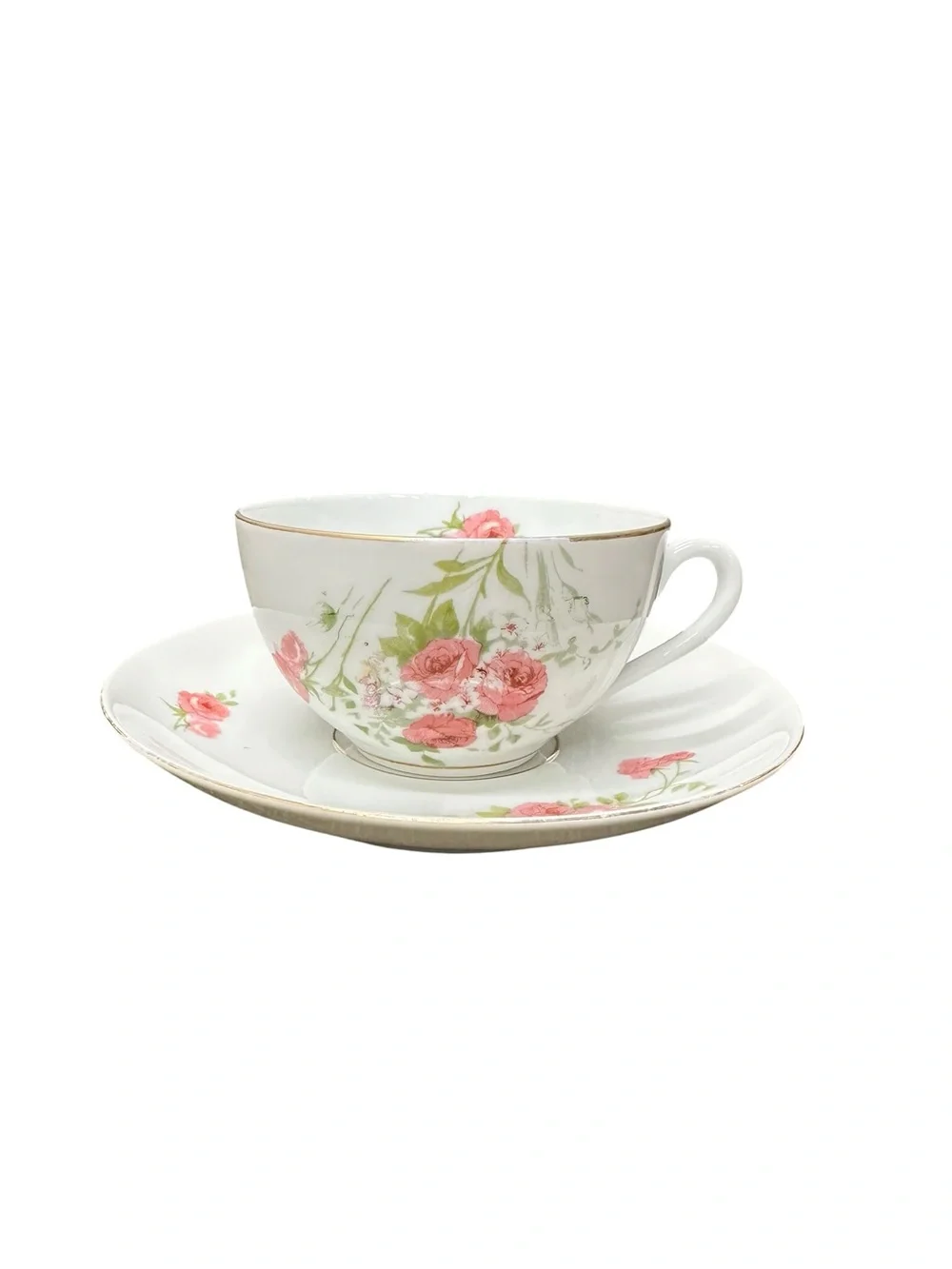 Antique Victoria Austria Porcelain Teacup & Saucer Pink Roses Gold Trim